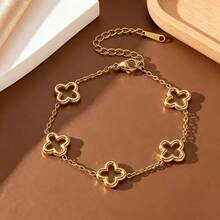 3Pcs Gold Stackable Bracelet Set, Rhinestone Bangle, Solid & Hollow Clover Chain Bracelets For Women - Gold - View 4