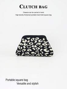 Tas Kosmetik Bingkai Logam Motif Leopard Hitam Putih, Tas Penyimpanan Portabel Kapasitas Besar dari Kain Rajut, Kantong Kosmetik Genggam untuk Perjalanan - MultiWarna - View 13