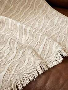 1pc Minimalist Striped Chenille Sofa Cover With Tassels, Machine Washable, All-Season Sofa Slipcover, Dust-Proof Furniture Protector, Pet-Friendly, Perfect For Home Decor - Beige - View 2