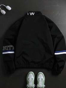 Men's Spring/Autumn Fashion Casual Letter Jacket With Color Block Patchwork Design - Blue - View 3