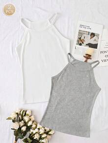 2 piezas de camisetas básicas sin mangas con cuello halter de unicolor para mujer, ajuste regular - Multicolor - Ver 7