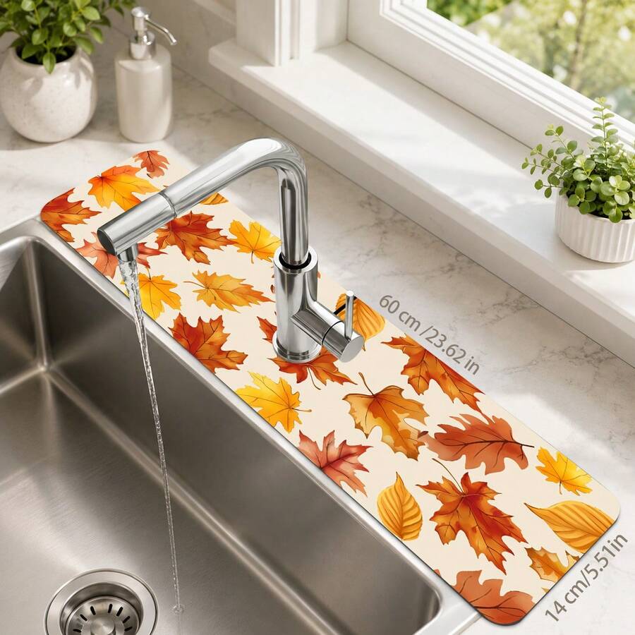 1pc Maple Leaf Print Faucet Mat, Autumn Diatomaceous Earth Long Strip Absorbent Sink Mat, Non-Slip Anti-Splash Quick Drying Design With Rubber Base To Prevent Water Stains, Suitable For Kitchen Sink, Bathroom Countertop, Home Decor - Multicolor - View 1