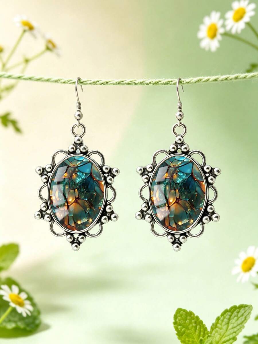 1 Pair Luxury Asymmetrical Glass Amber Pattern With Oval Hollow Polka Dot Lace Earrings Suitable For Women's Daily Wear - Silver - View 1