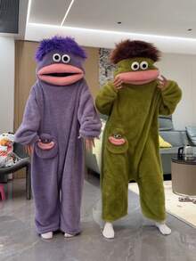 1pc Premium Fun Coral Fleece Bathrobe, Suitable For Cosplay And Luxury Home Leisure, Cute "Big Mouth Monster" Design, Thick And Comfortable Fabric, Suitable For Couples, Warm For Autumn/Winter (Single Bathrobe / Matching Slippers / Set: Bathrobe + Slippers) - Multicolor - View 3