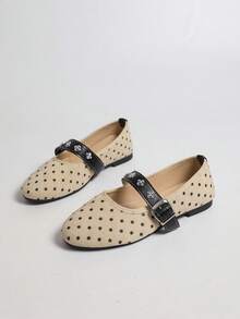 1 Pair Vintage Colorblock Polka Dot Single Strap Women's Shoes With Metal Buckle, Lightweight Non-Slip Low Vamp Gentle Style Shoes, Suitable For Parties And Daily Wear - Beige - View 5
