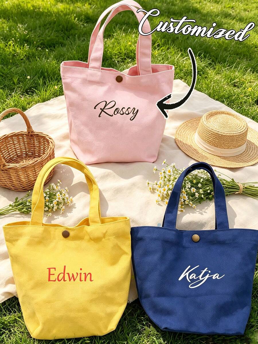 1pc Customized Name Mini Minimalist Handbag, Fashionable Cute College Style Reusable Canvas Tote Bag, Personalized Women's Shoulder Bag - Multicolor - View 1