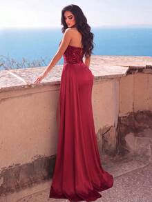 Faeriesty Women's Formal Red Sequin Satin Long Dress, Strapless Neckline, Waist-Cinched Design, High Thigh Slit, Suitable For Party - Burgundy - View 2