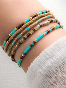 4pcs Turquoise Seed Bead Elastic Bracelet Set, Bohemian Gold Bead Elastic Handmade Girls Vacation Jewelry (Beads Random) - Multicolor - View 13