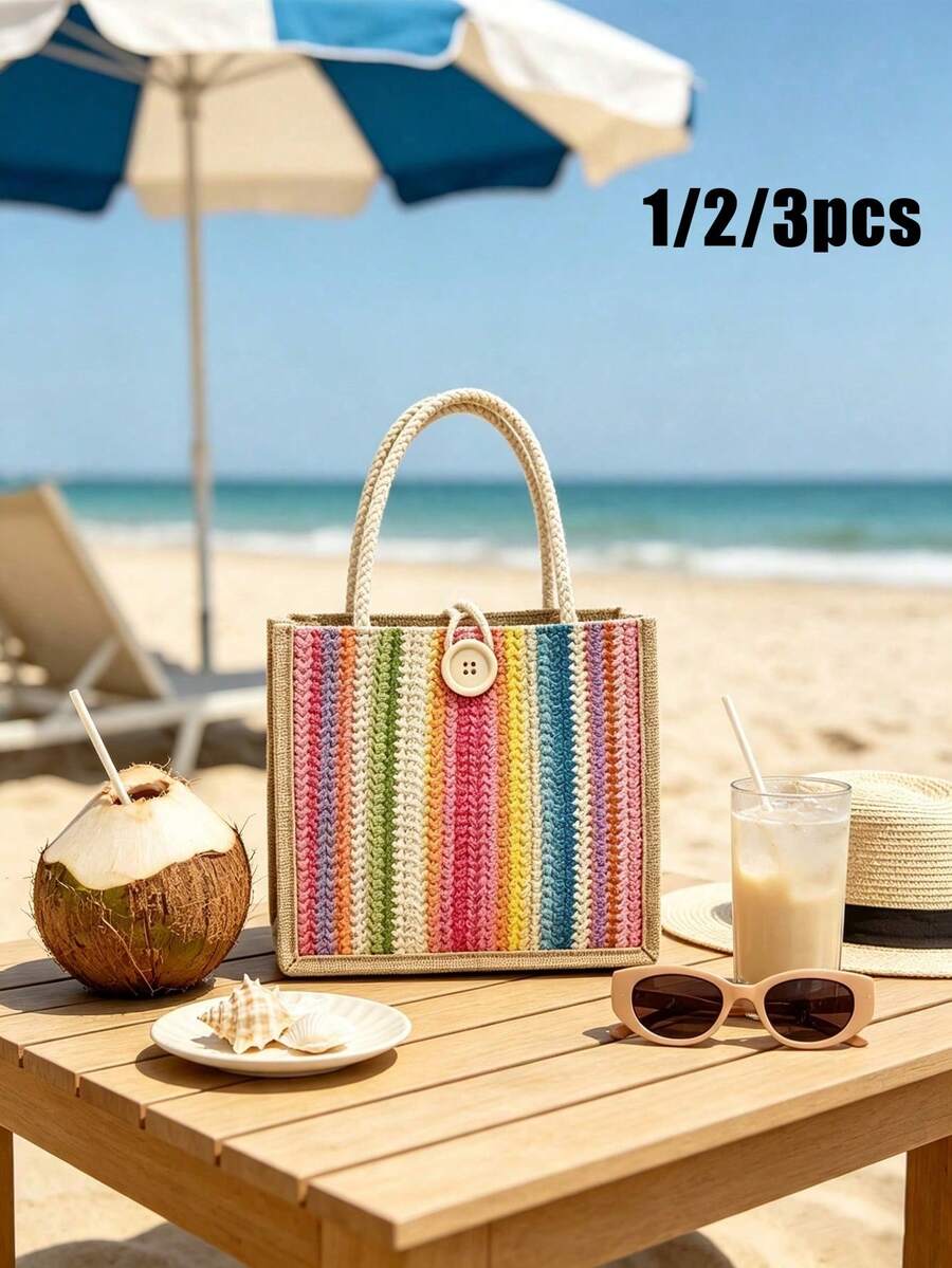 1/2/3pcs Rainbow Striped Linen Tote Bags, Blank Reusable, Suitable For DIY Custom Design, Perfect For Weddings, Company Events, Back To School Season - Multicolor - View 1