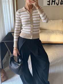 Casual Minimalist Plaid Front Button-Down Cardigan For Women Fall - Khaki - View 8