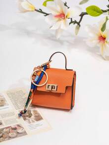 CHARM INFINITE Cute Mini Flip Cover Keychain Pendant, Litchi Grain Faux Leather Twist Lock Design Micro Crossbody Bag, Scarf Decor Portable Earphone Lipstick Jewelry Storage Bag, Women's Backpack Car Key Decorative Charm, Daily Birthday Holiday Gift, Multiple Solid Colors Available - Multicolor - View 6