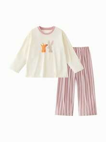 mini bala Boys Girls Cotton Loungewear Set, Soft Breathable Baby Pajamas Top & Pants, 2026 Autumn Winter - Milky White - View 1