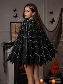 1pc Halloween Party Spider Web Print Cape, Black Asymmetrical Jagged Hem Oversized Batwing Sleeve Shrug, Gothic Spider Costume, Suitable For Various Festivals Halloween Party Cosplay - Black - View 2
