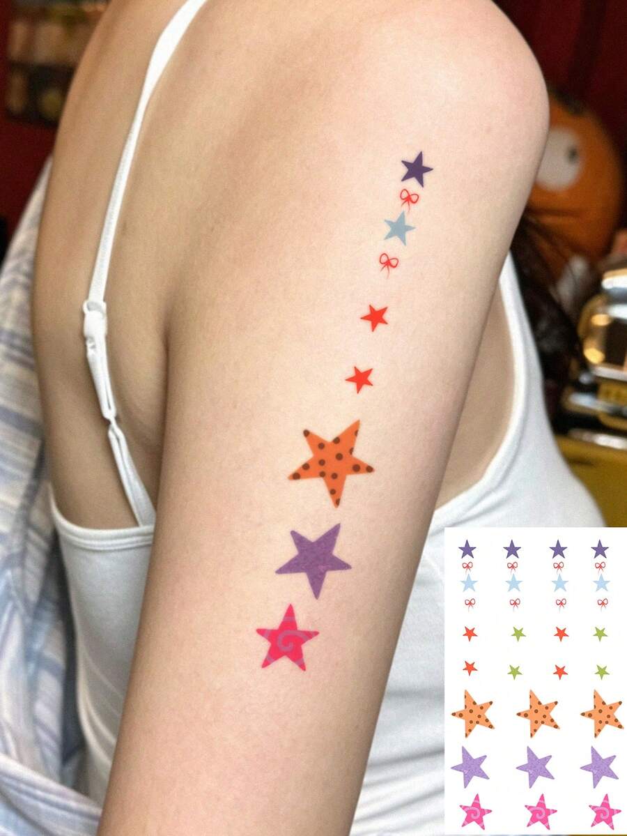 1件裝彩色五角星紋身貼紙包,防水假紋身貼,極簡俏皮女性身體彩繪 - 彩色 - 查看 1