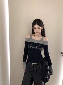 New Women's Spring/Autumn Sexy Colorblock Patchwork Open Shoulder Rhinestone Long Sleeve Slim Fit Base Layer Top - Black - View 7