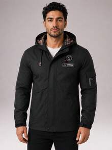 CZRLHYT Men's Black Fabric Hooded Long Sleeve Outdoor Jacket, Suitable For Sports And Various Outdoor Activities - Black - View 1