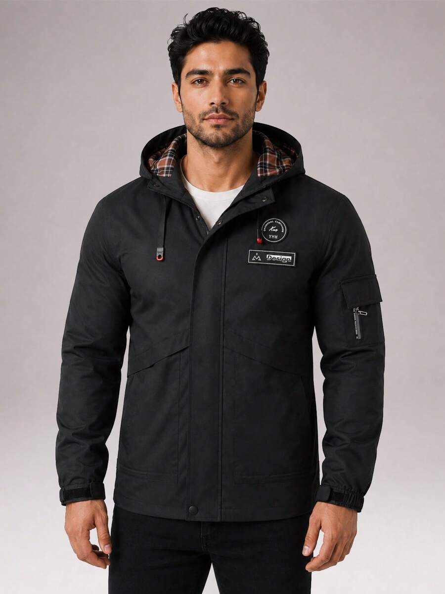 CZRLHYT Men's Black Fabric Hooded Long Sleeve Outdoor Jacket, Suitable For Sports And Various Outdoor Activities - Black - View 1
