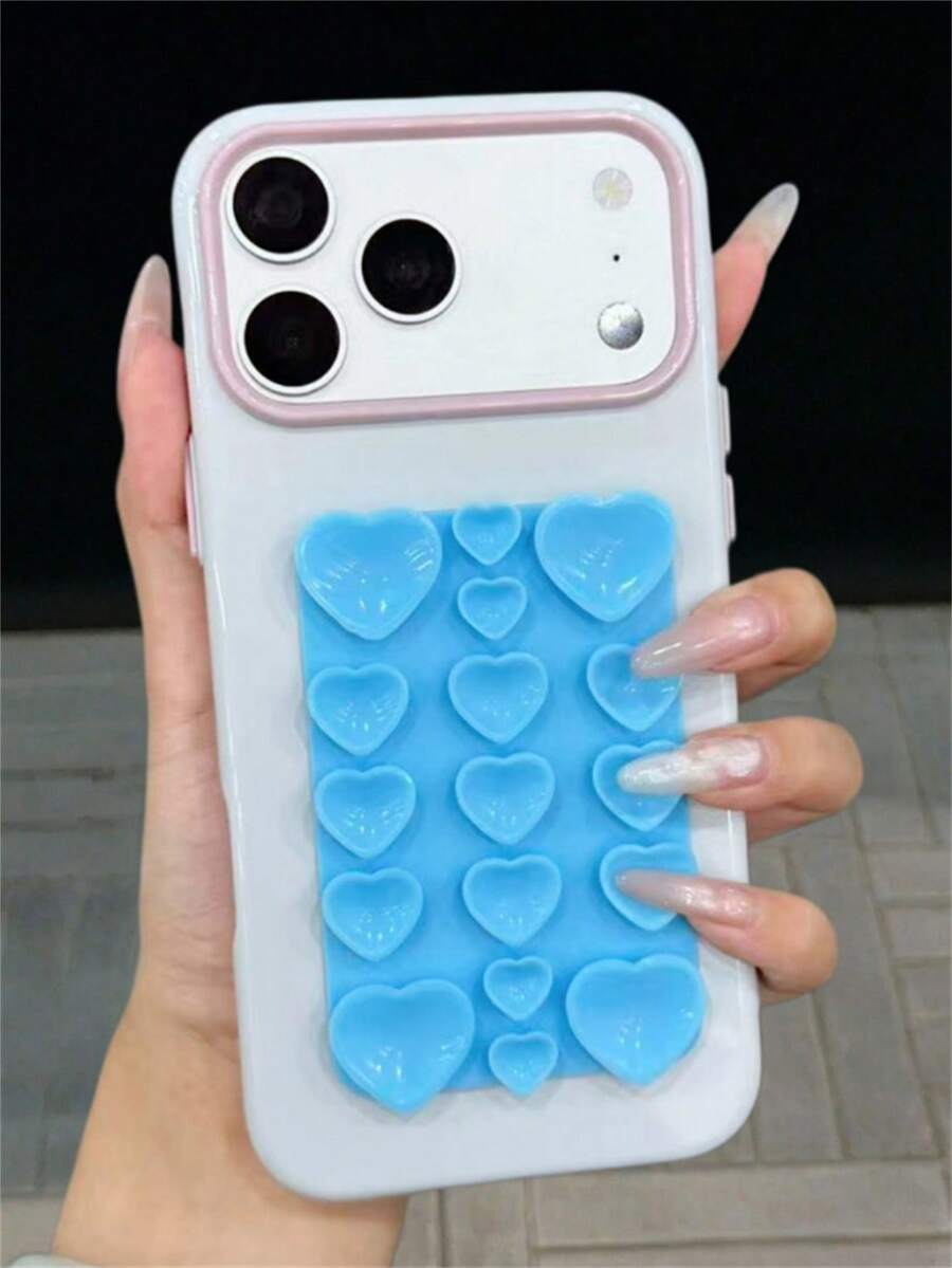 Cute 3D Heart Suction Cup Sticker Holder Candy Color Glossy Jelly Phone Case Compatible With IPhone 17 Pro Max 17Pro 16 Pro Max 15 Pro Max 14 Pro Max 13 Pro Max Stylish Camera Lens Protection Anti-Drop Soft Back Cover - Baby Blue - View 1