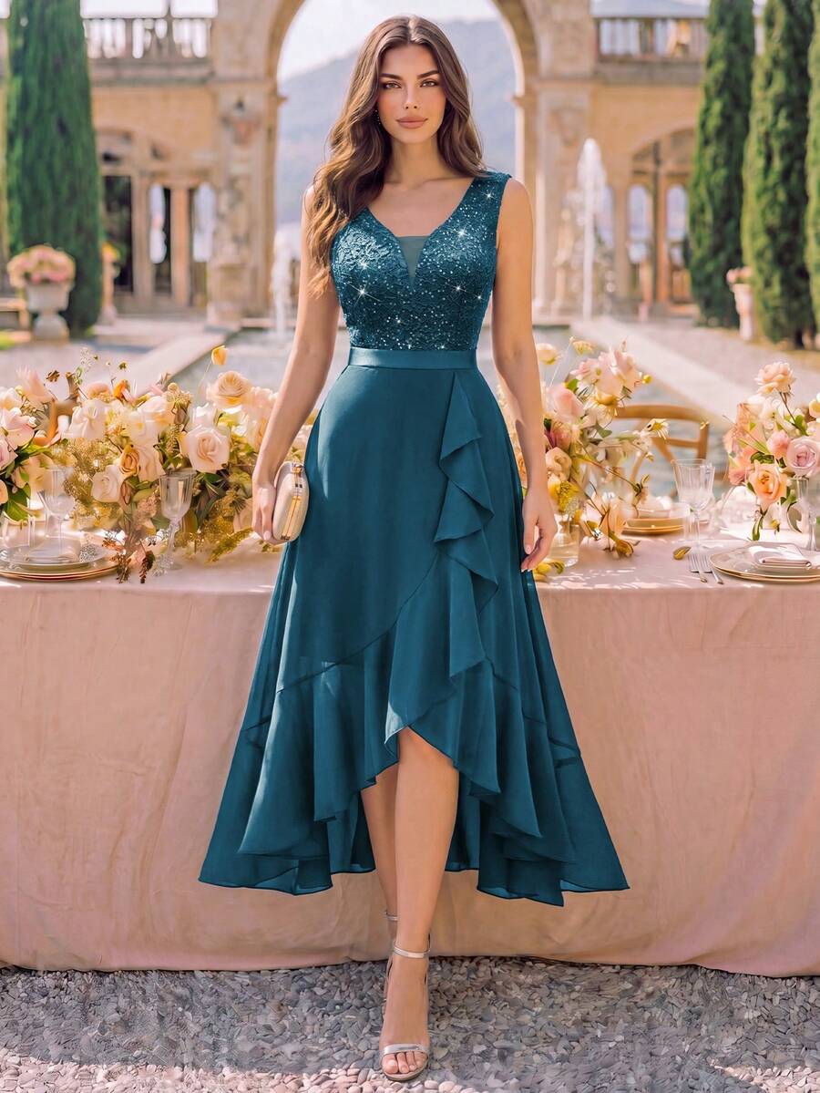 MIUSOL Deep V-Neck Lace Sequin Ruffle Hem High-Low Hem Chiffon Formal Party Maxi Dress, Suitable For Wedding Guest, Graduation Ceremony, Gala Spring Fall