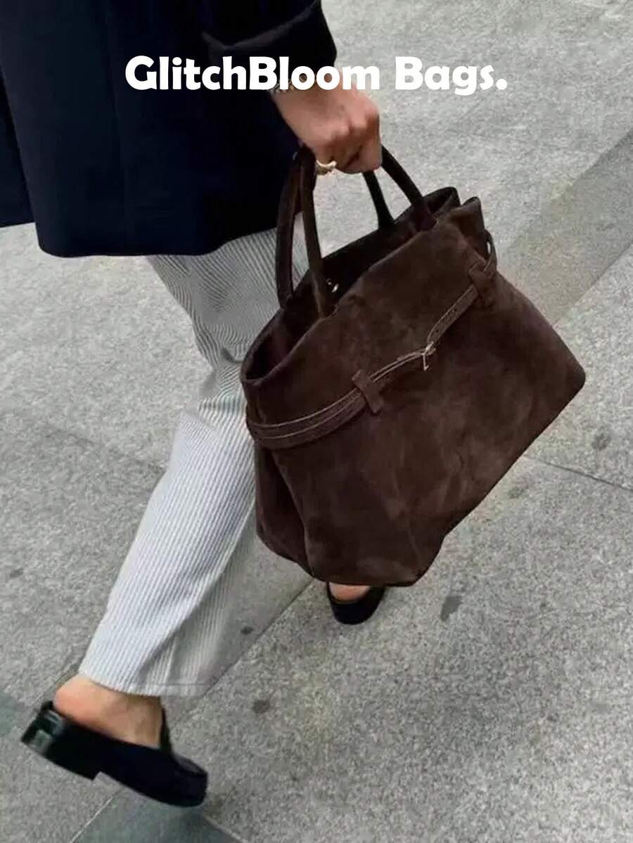Vintage Brown Suede Tote Bag – Extra Large Capacity Commuter Shoulder Bag With Magnetic Closure, Nylon Lining And Sturdy Handles, Perfect For Everyday Use - Coffee Brown - View 1