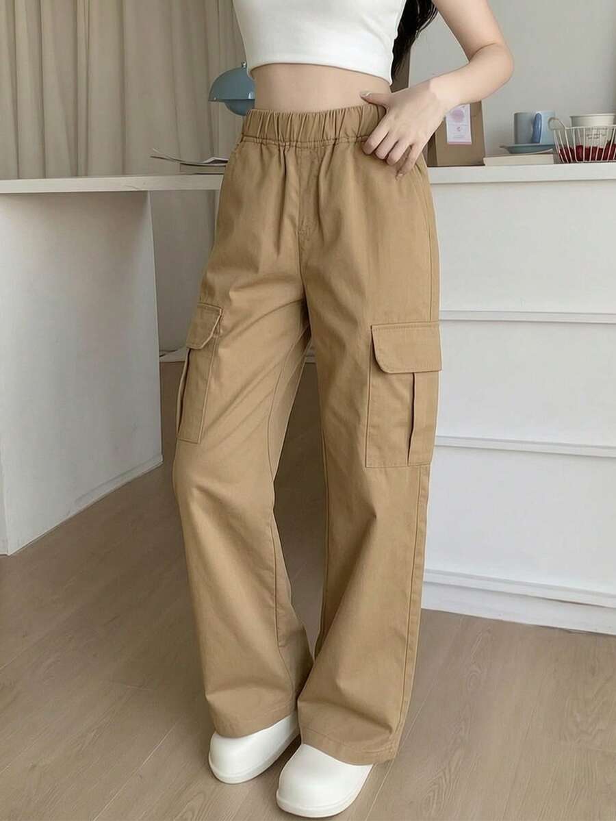 1pc Teen Girls' Back To School Season Minimalist Retro Cargo Pants With Large Pockets - Khaki - View 1