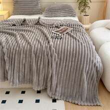 1pc Oversized Striped Blanket, Wide Stripe Cutout Faux Rabbit Fur, Milk Plush, Flannel Throw Blanket, Casual Nap Blanket, Office Siesta Small Throw - Light Grey - View 6