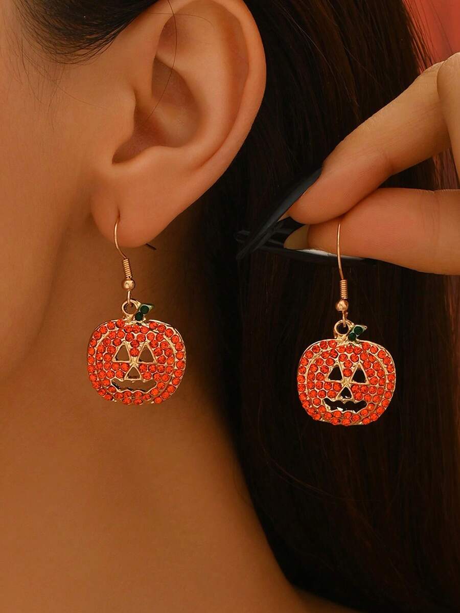 2pcs Halloween Earrings Rhinestone Pumpkin Head Alloy Earrings Jewelry Suitable For Women Daily, Holiday Party Gathering Wear - Yellow Gold - View 1