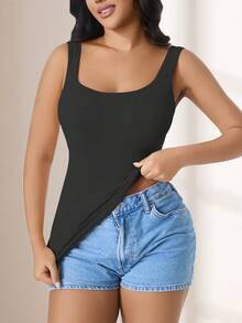 CELILIN Seamless Scoop Neck Tank Top For Women, Soft Ribbed Slim Fit Layering Cami, Comfortable Stretchy Everyday Undershirt - Black - View 7