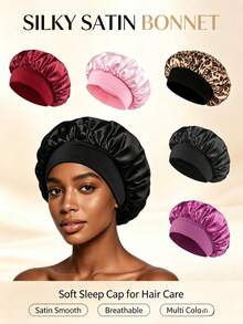 1pc Women's Silky Satin Sleep Cap, Elastic Wide Band Sleep Cap Suitable For Curly Hair, Soft Smooth Satin Night Hair Wrap Cap, Anti-Frizz Hair Protection Sleep Cap, Breathable Hair Protection Sleep Cap For Daily Night Use, Multiple Colors Available - Multicolor - View 1
