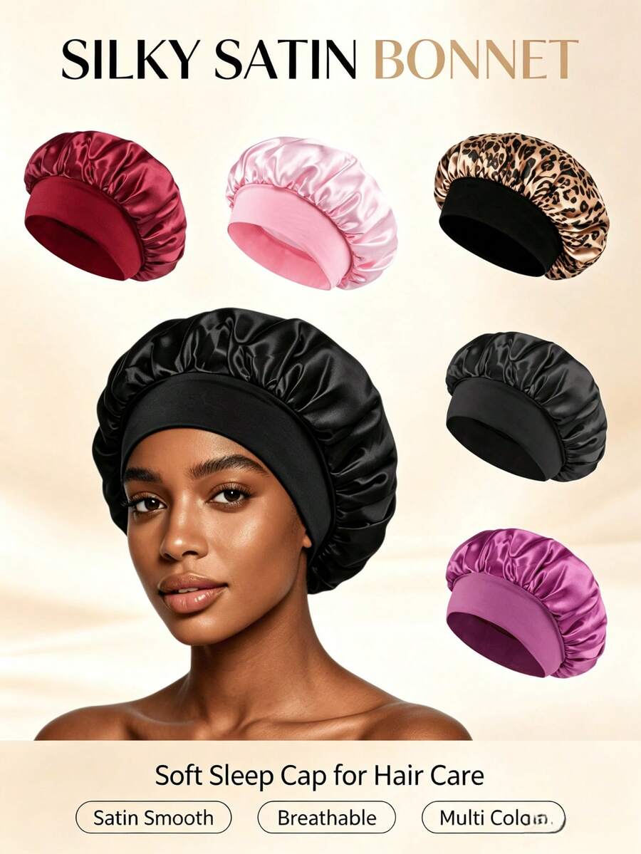 1pc Women's Silky Satin Sleep Cap, Elastic Wide Band Sleep Cap Suitable For Curly Hair, Soft Smooth Satin Night Hair Wrap Cap, Anti-Frizz Hair Protection Sleep Cap, Breathable Hair Protection Sleep Cap For Daily Night Use, Multiple Colors Available - Multicolor - View 1