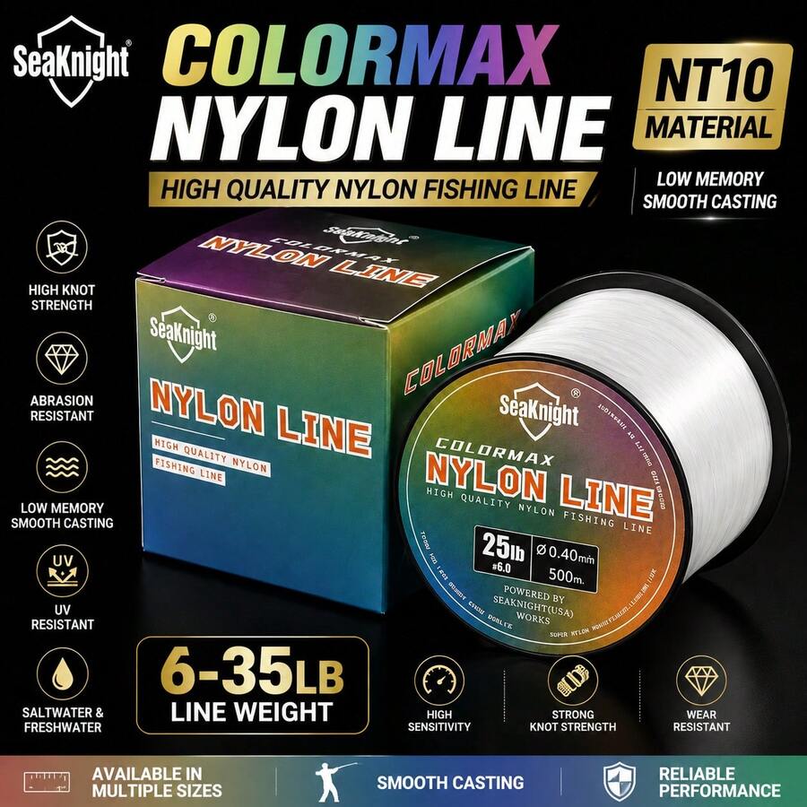 خيط صيد سمك نايلون SeaKnight 500m Colormax بقوة 6–35LB من مادة NT10، قوة عالية وذاكرة منخفضة، لصيد سمك الكارب - أبيض - أبيض - مشاهدة 1