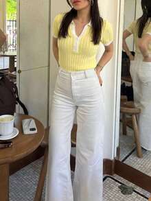 女款 Polo 領前開鈕扣拼接鏤空修身短袖針織套頭上衣，法式優雅輕便可愛夏季上衣 - 黃色 - 查看 6