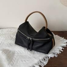 Weiche Leder-Cloud-Lunchbox-Tasche, neues Modell 2026, Nischen-Handtasche mit gewebtem Griff, Echtleder-Damentasche, lässige Umhängetasche. - Schwarz - Übersicht 2