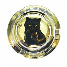 Drinking Cat Pattern Glass Ashtray, 3.34 Inch Round Ashtray, Decorative Ornament Ashtray, Gift For Boyfriend/Girlfriend - Drinking Cat - View 1