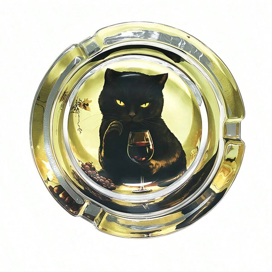 Drinking Cat Pattern Glass Ashtray, 3.34 Inch Round Ashtray, Decorative Ornament Ashtray, Gift For Boyfriend/Girlfriend - Drinking Cat - View 1
