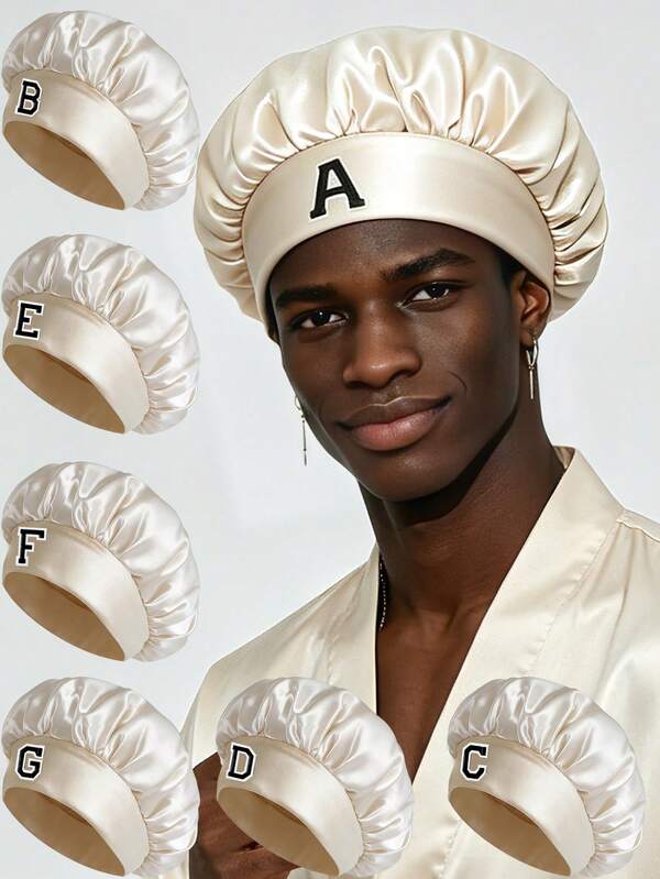 1pc Satin Bonnet For Men, A-Z Letter Print Wide Elastic Headband Sleeping Cap, Soft Silk Night Hat Protecting Curly Hair While Sleeping