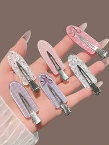6pcs Plaid Heart Rhinestone Hair Clips, Cute No-Crease Bangs Side Hair Clips, Sweet Women's Daily Hairstyle Decoration Hair Accessories Set (No Cardboard Packaging) - Multicolor - View 3