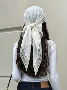 1pc Women's Solid Color Square Lace Trim Headscarf, Can Be Used As Headscarf, Shawl, Headband And Hair Accessory, Suitable For Mosque - Beige - View 3