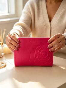 Lancôme Bright Fuchsia PU Makeup Bag LANCOME-GIFT-26 Embossed Large Rose Pattern Full Zip Large Capacity Travel Toiletry Bag Women's Gift Set - Hot Pink - View 8