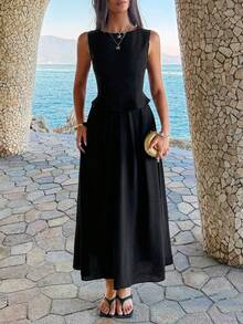 Women's Casual Black Sleeveless 2-Piece Set, Ruffle Top With Flowy Long Skirt, Elegant Non-Stretch Summer Outfit - Black - View 10