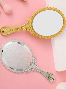 1pc Vintage Handheld Makeup Mirror, Floral Etched Electroplated Mirror Surface, European Retro Floral Pattern Handheld Travel Mirror, Suitable For Handbags And Vanity, INS Style Rose Gold Hand Mirror, Creative Gift For Brides, Teenagers And Vintage Lovers - Multicolor - View 6
