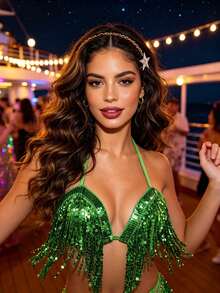Belly Dance Jazz Sequin Fringe Halter Fitted Performance Crop Top (Multiple Colors Available) - Multicolor - View 7