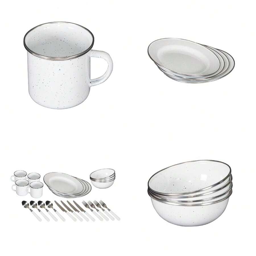 Deluxe 24-Piece Enamel Tableware Set - Enamel Plates And Bowls Lightweight And Durable Camp Dish Set For Camping And Backpacking Plates And Bowls For 4 People - White - View 1