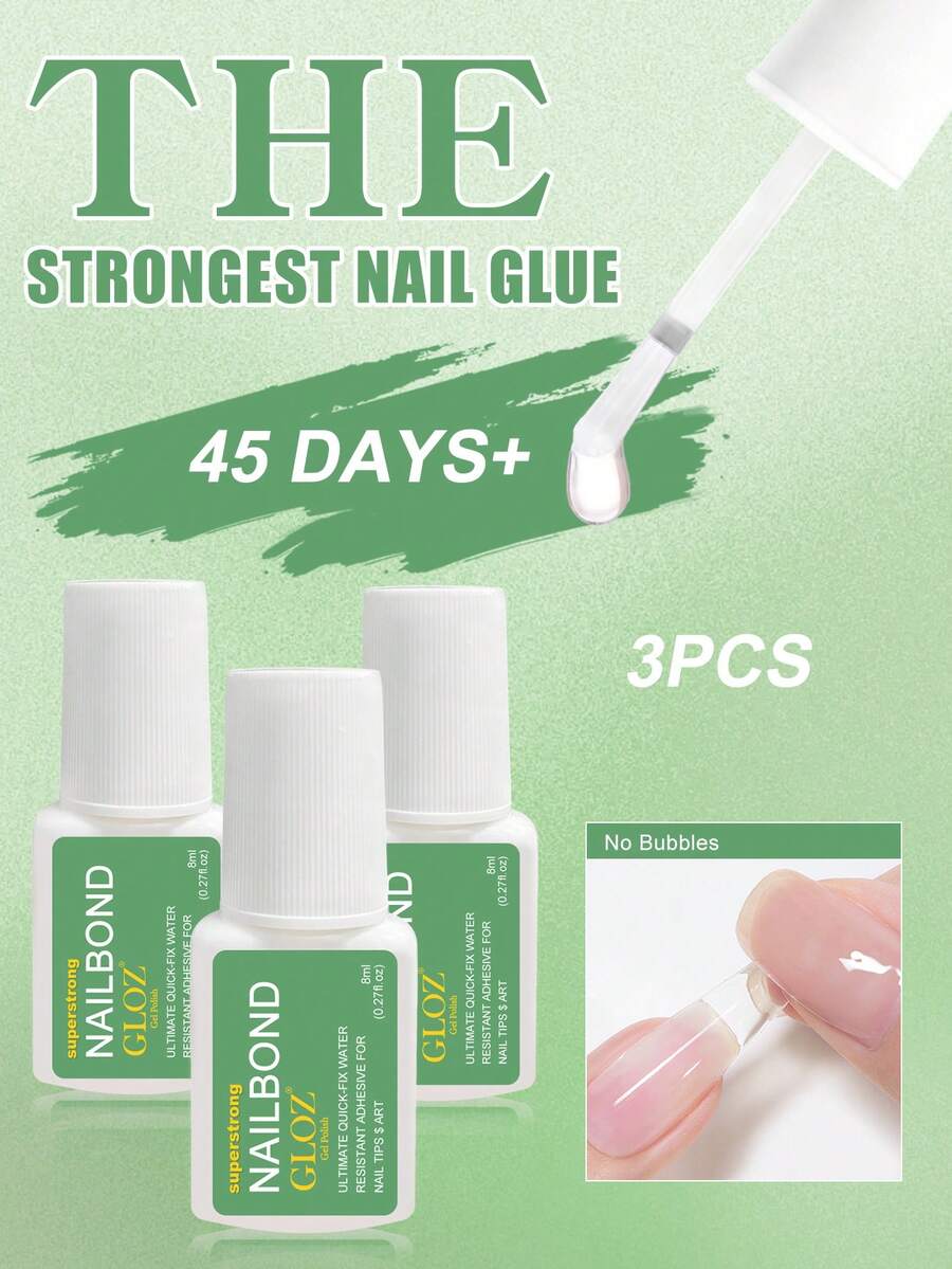 GLOZ 3 Peças Cola para Unhas Super Forte, Adequada para Unhas Acrílicas, Pontas de Unhas, Unhas Postiças, Unhas Falsas, Cola para Unhas de Qualidade de Salão com Pincel, Fácil de Aplicar, Durável e de Longa Duração - 8ml verde - Visão 1