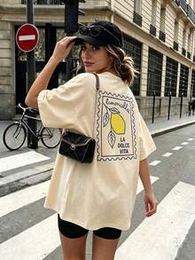 Plus Size Women's Italian Style Lemon Print T-Shirt, Minimalist Artistic Style, Italian Style, Round Neck, Short Sleeve, Casual Summer - Apricot - View 11