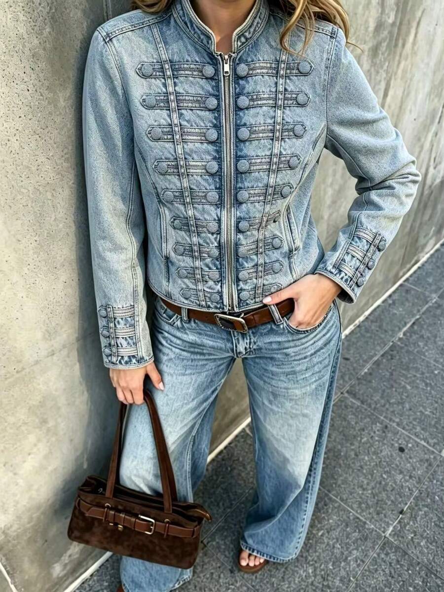 Liorin Autumn New Women's European And American Style Fashion Minimalist Button Decor Waist-Cinching Denim Jacket - Baby Blue - View 1