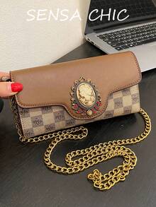 Two-Tone Rectangular Chain Bag, Plaid Fabric Patchwork PU Flap Bag With Embossed Women's Portrait, Lightweight Crossbody Handbag, Suitable For Daily Wear - Khaki - View 5