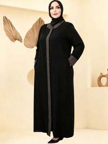 GDfashion Najma 女款大尺碼長款長袍，對比色滾邊與袖口設計，伊斯蘭休閒長袖長袍，黑色，秋季 - 黑色 - 查看 10