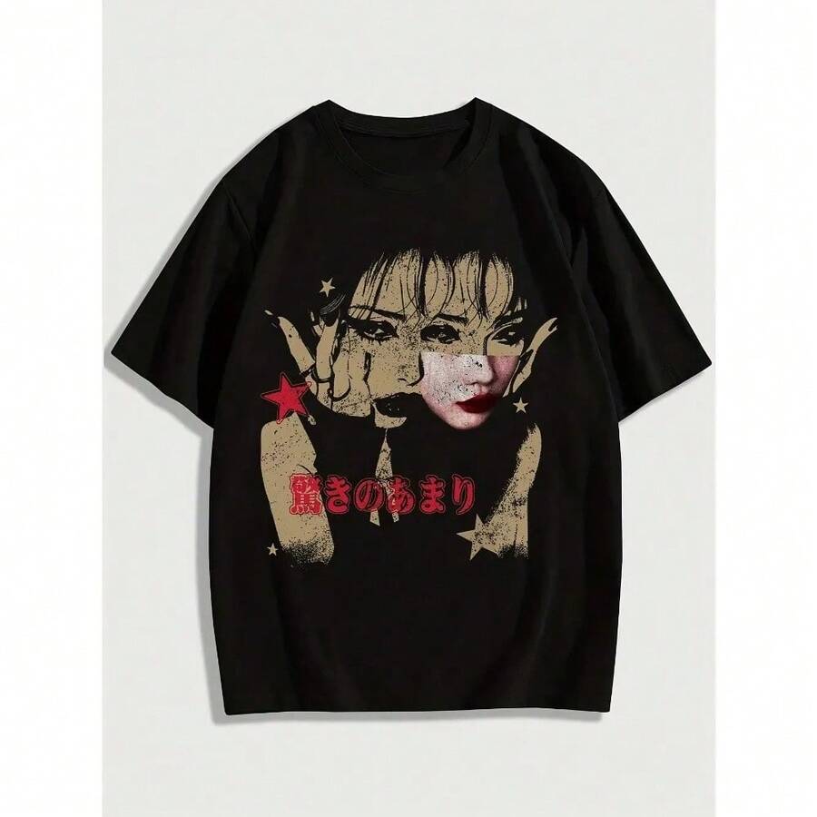 Japanese Girl Pure Cotton Tshirt Men Streetwear Graphic Tee Vintage Grunge Emo Casual - Black - View 1