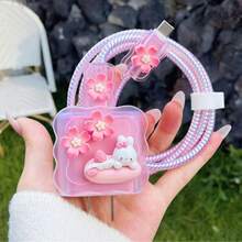 花朵卡通充電頭保護套，數據線防斷裂，適用於 iPhone 12/13/14/15/16 與 20W 快充充電器，數據線固定器，防斷線，TPU 充電頭保護套 - 粉色 - 查看 8